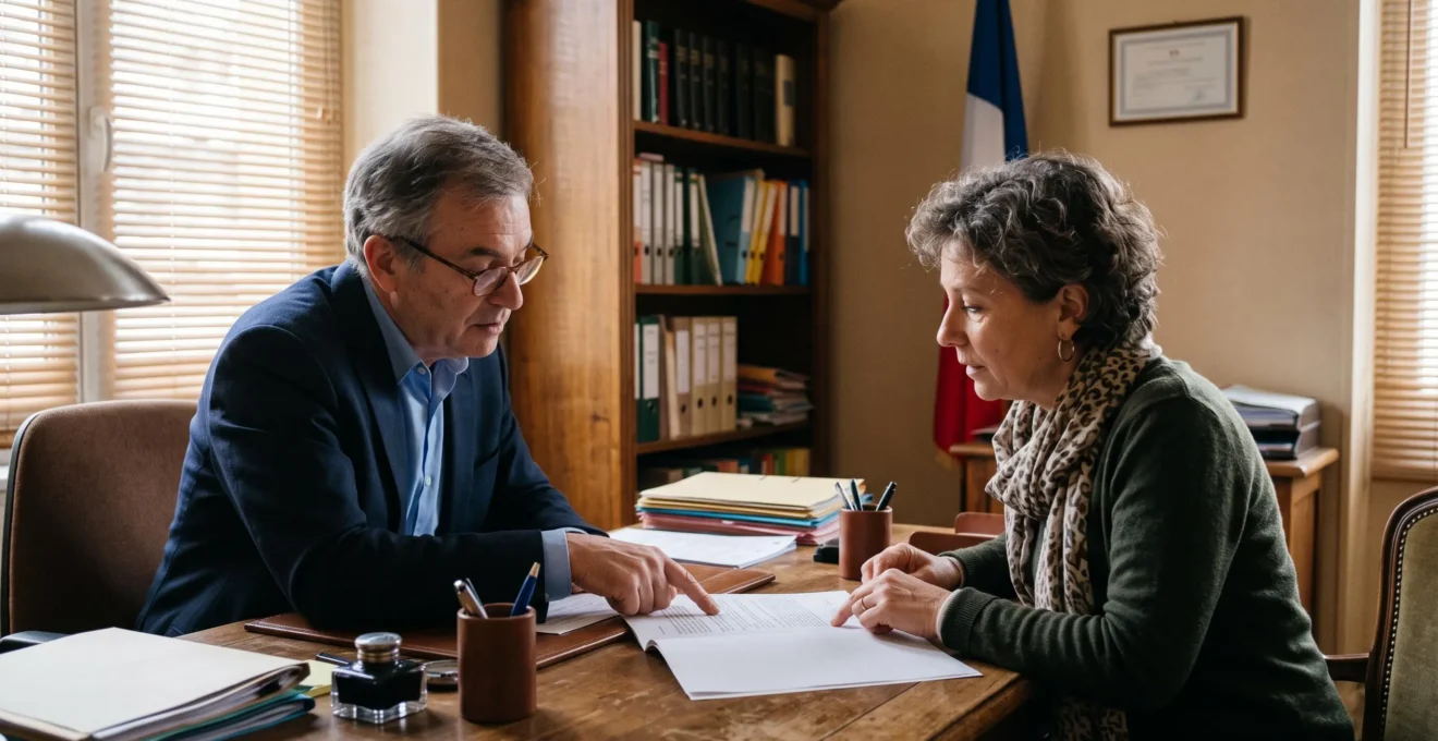 Une femme écoute les explications d'un notaire devant un document posé sur le bureau.