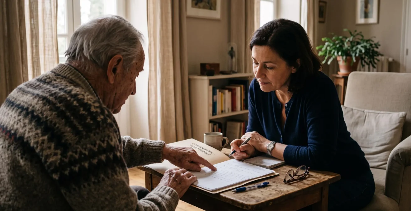 Un homme âgé discute avec un ami autour d'un dossier posé sur une table du salon.