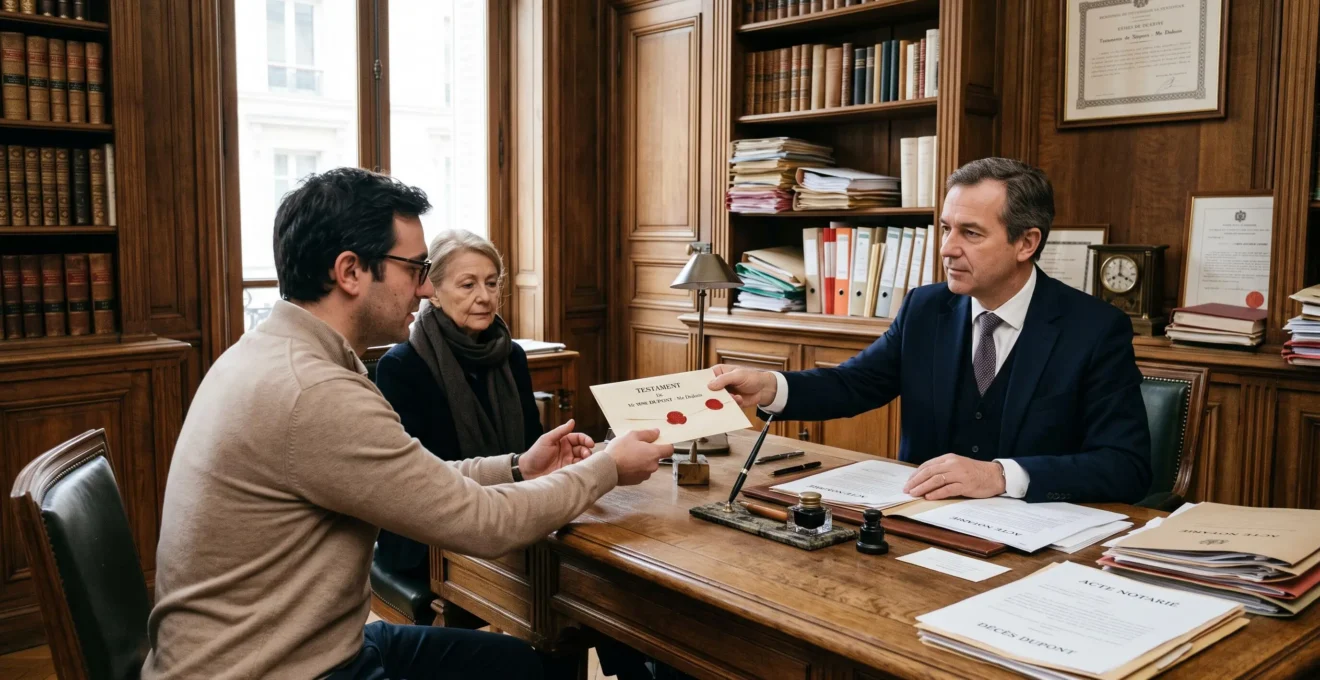 Un notaire remet une enveloppe scellée à deux personnes dans son étude.